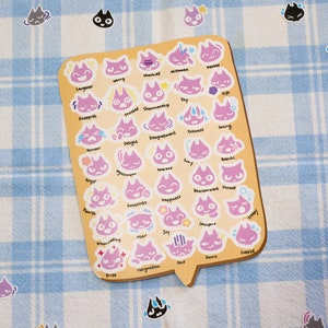 May include: A sheet of stickers featuring various cat faces with different emotions, such as laughter, worry, mischief, shyness, and more. Each sticker has a corresponding word describing the emotion.