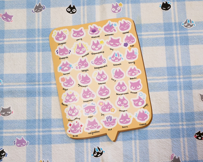 May include: A sheet of stickers featuring various cat faces with different emotions, such as laughter, worry, mischief, shyness, and more. Each sticker has a corresponding word describing the emotion.