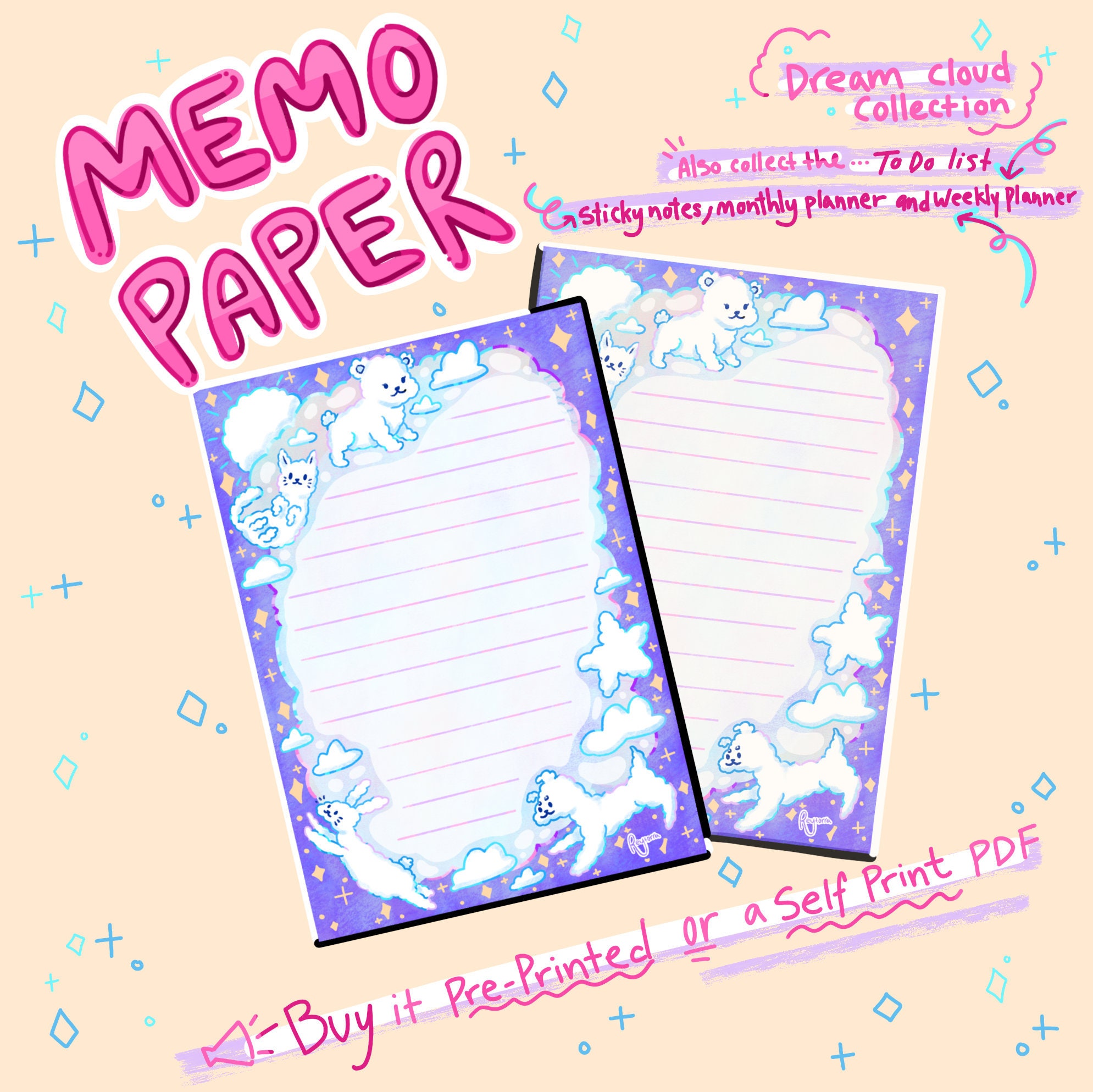 Stationery Memo Paper Printable Digital PDF Kawaii Cloud - Etsy