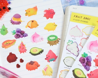Kawaii Fruit Dog Stickers | Risograph Planner Stickers