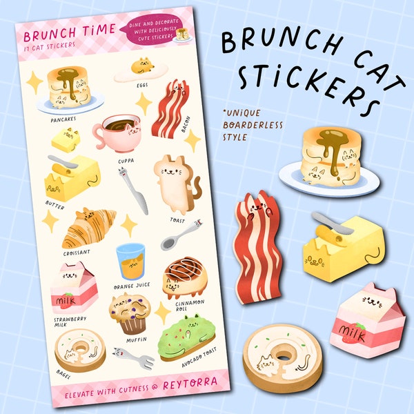 Cat Brunch and Breakfast Sticker Sheet  | Eggs sticker, cat lovers gift, Food Stickers, Kawaii Stickers,Cute Planner Stickers,Pancake, Bacon