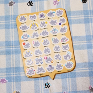 May include: A sheet of stickers featuring gray cats with different facial expressions, each labeled with a corresponding emotion. The emotions include worry, mischief, laughter, sheepish, shy, delight, disagreement, distress, fear, pride, resignation, joy, pleased, bashful, bewildered, intense, sleepy, curious, chill, smirk, and cheese.