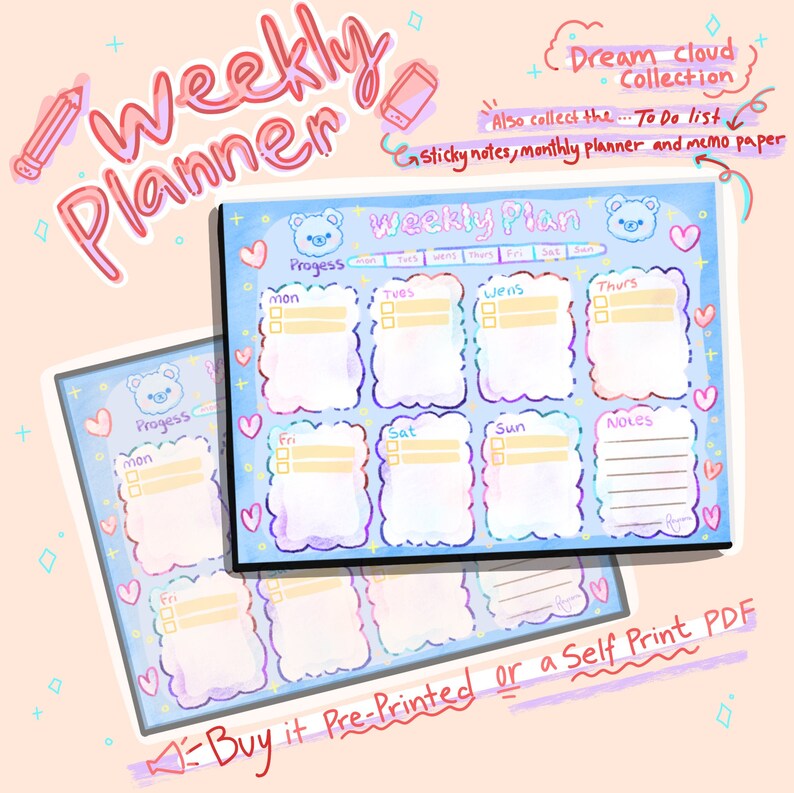 Weekly planner stationery Printable Digital PDF Kawaii cloud Etsy