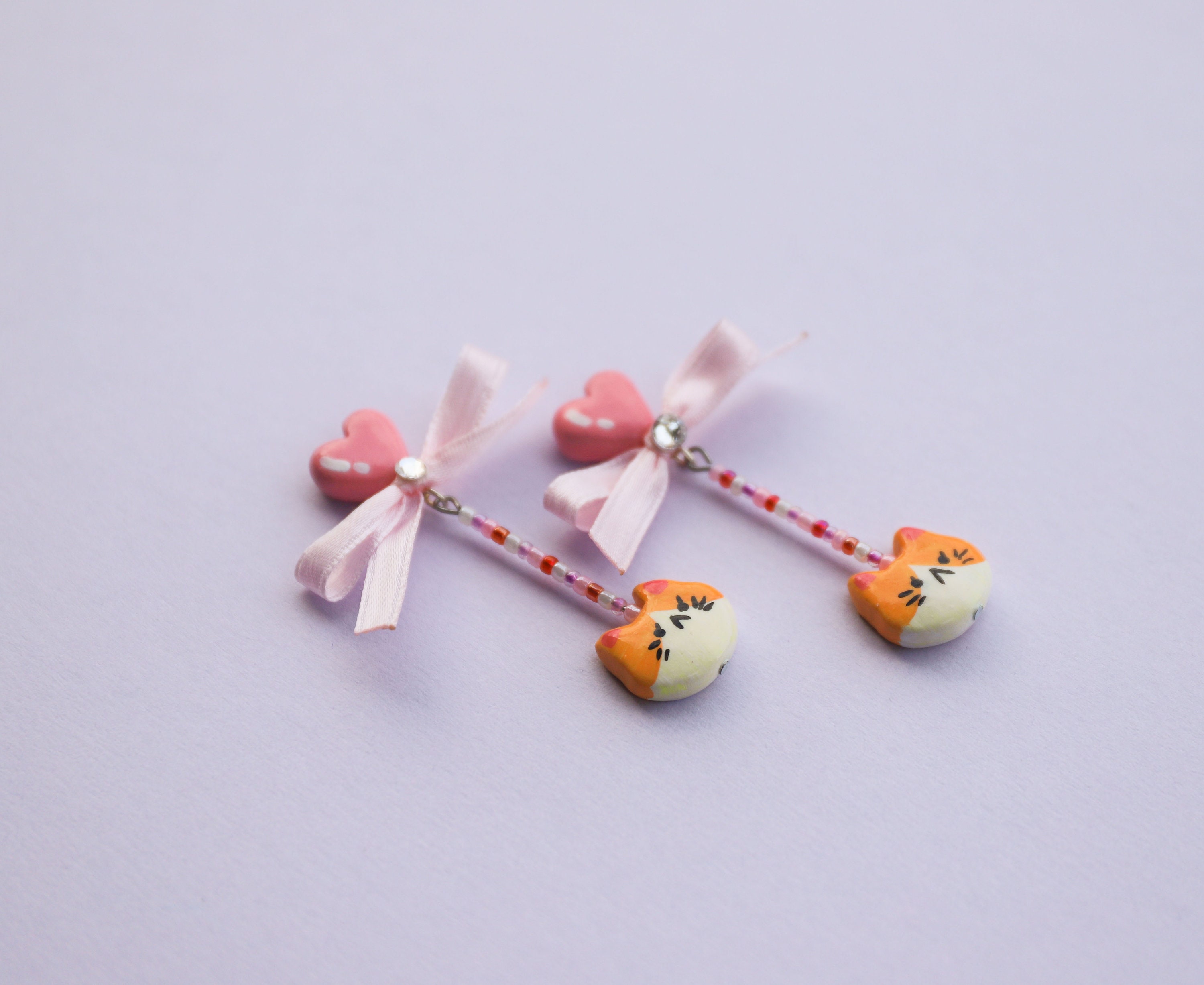 Kawaii Cat Dangle Earrings Love Heart Valentines Earrings Etsy