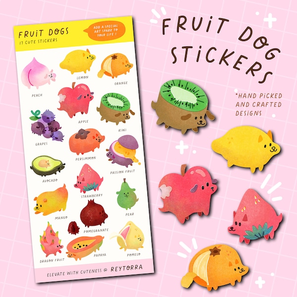 Cute Fruit Dog Stickers | Risograph, Strawberry, Planner stickers, Kawaii Fruit, bujo stickers, Cute Dogs, Bullet Journal Sticker