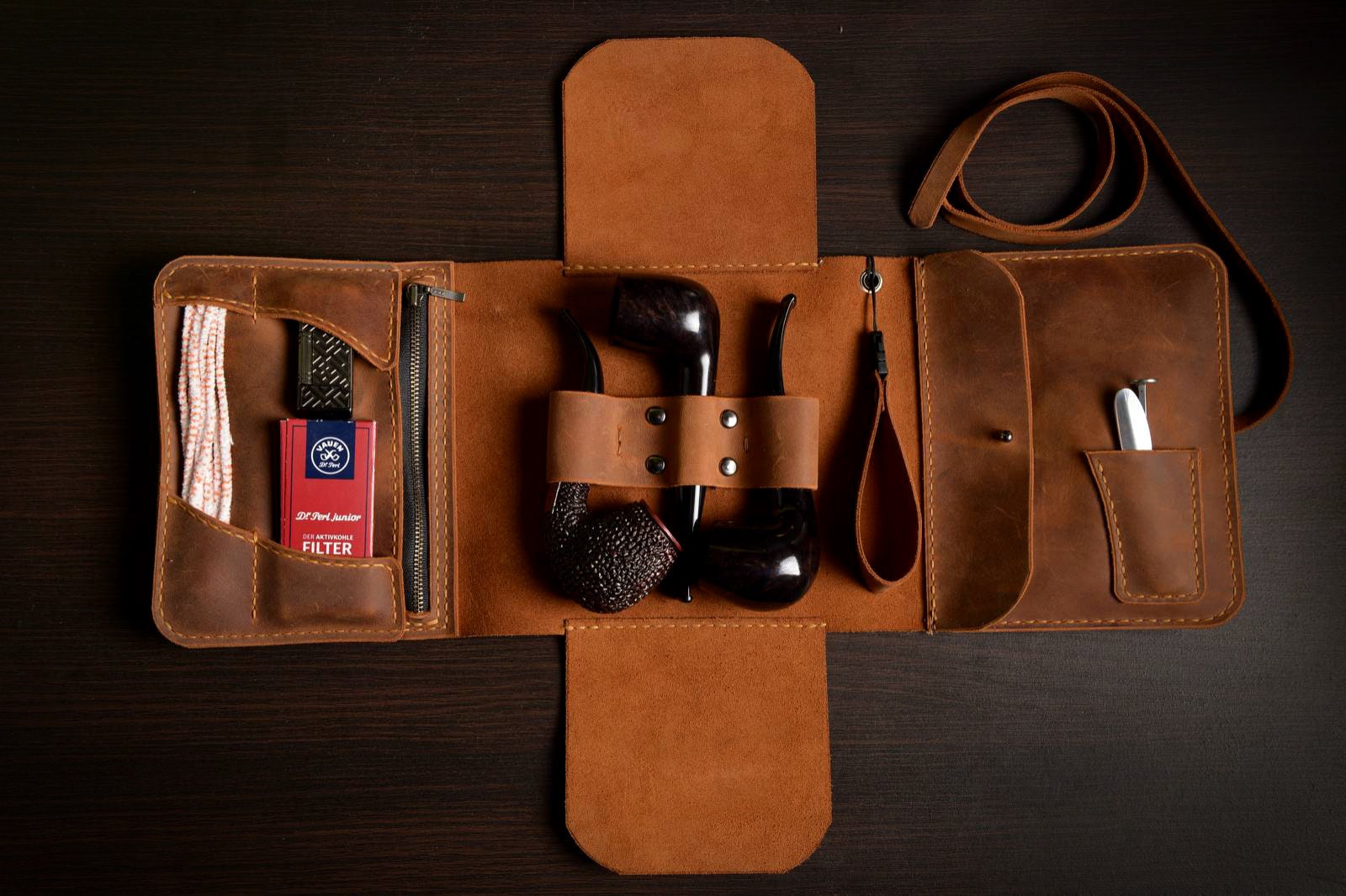 columbus tobacco pouch Leather Pipe Pouch Triple Pipe Bag Handmade Tabacco Case 3 Smoking Pipes Holder  Columbus Style