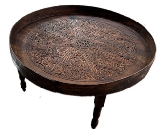 Arabic Table, unique coffee table. Carved Coffee Table, round wooden table, Moroccan table, round table,  living room furniture,