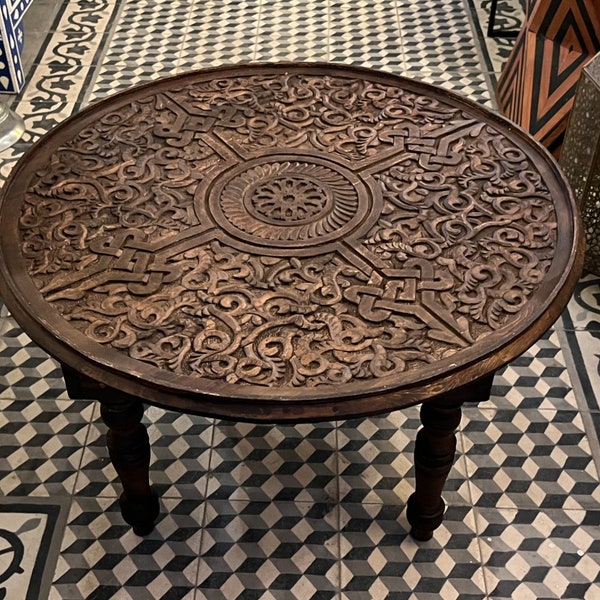 Arabic Table, unique coffee table. Carved Coffee Table, round wooden table, Moroccan table, round table,  living room furniture