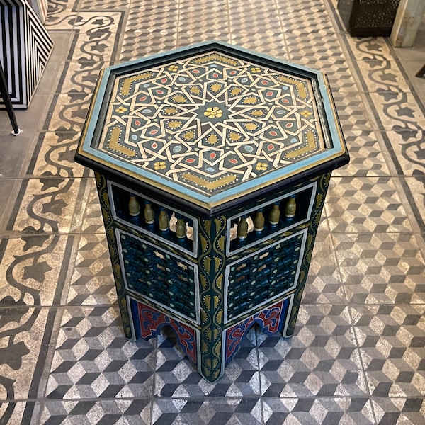 Hexagonal Moroccan-Green/ Hand-Painted Table, colourful table, Moroccan tea table, boho table, oriental stool, painted furniture