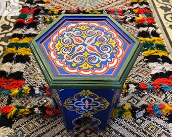 New-2024 Blue hand-painted Moroccan table, Morrocan painted furniture, colorful table, Moroccan tea table, WOOD NOT MDF Table, hexagon table