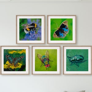 Set of 5 Insect Art Prints digital downloads from original paintings - Printable Gallery Wall Art, bug art, nursery art, birthday gift