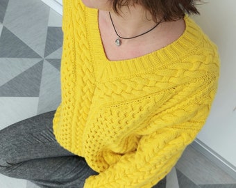Yellow merino pullover with arans, Oversize handknit sweater for women, Ready for shipping