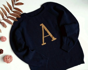 Personalized Adult Wool Sweater, Unisex Pullover, Hand knit letter Jumper, Christmas gift, Monogramed Sweater