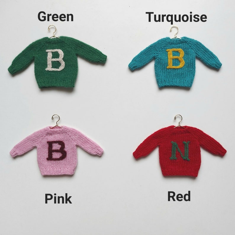 Miniature personalized wool sweater, Mini sweater, Christmas tree decoration, Tiny hand knit letter jumper, Monogramed gift image 7