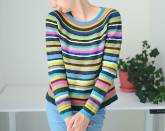 Striped jumper for women, Merino pullover, Rainbow striped sweater, Gift for her