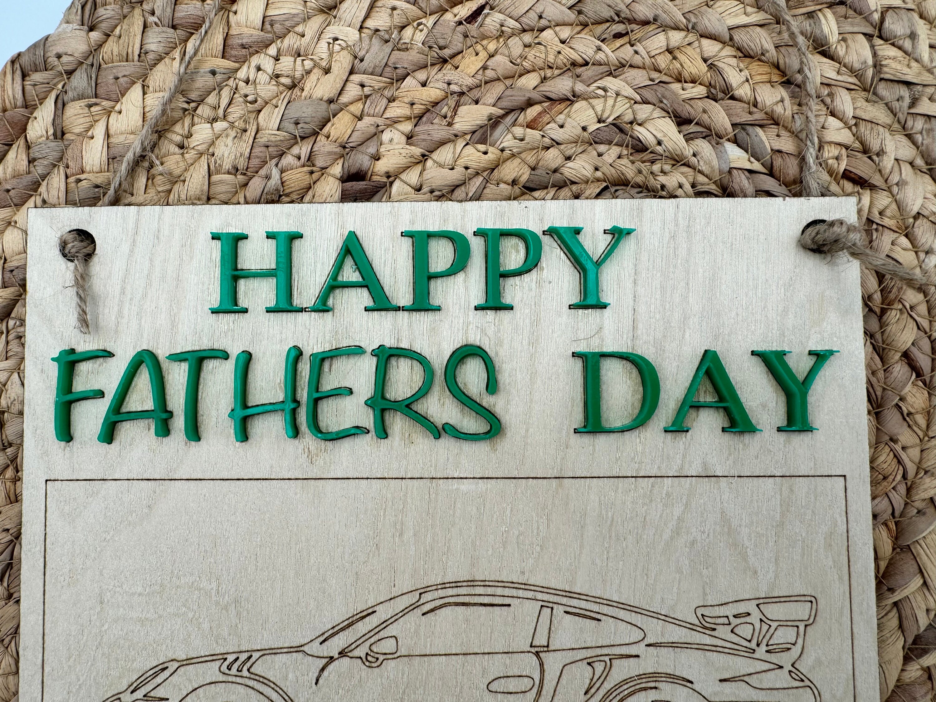 FATHERS DAY SIGN Dad Wooden Sign Kids Colour in Sports Car Dad and Kids