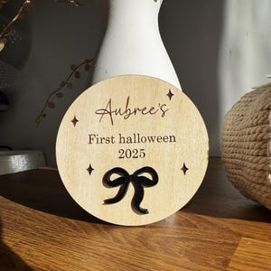 Personalised First Halloween Wooden Plaque | Baby’s First Halloween Keepsake | Round Engraved Name Ornament | Custom Autumn Baby Gift