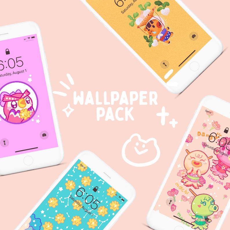 May include: A set of four phone wallpapers featuring cute animal characters from the Animal Crossing video game series. The wallpapers are in pink, yellow, blue, and green color schemes and feature the text "WALLPAPER PACK +" in white.