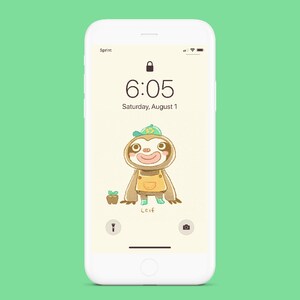 May include: A white iPhone screen with a lock icon, the time 6:05, and the date Saturday, August 1. A cartoon sloth wearing a green hat and overalls is holding a small plant. The text "Leif" is below the sloth.