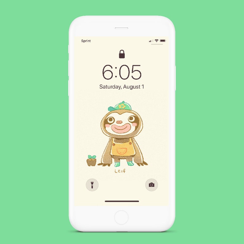 May include: A white iPhone screen with a lock icon, the time 6:05, and the date Saturday, August 1. A cartoon sloth wearing a green hat and overalls is holding a small plant. The text "Leif" is below the sloth.