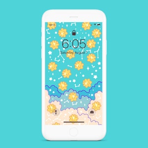 May include: A white smartphone with a blue and white background. The screen displays a digital clock showing 6:05 and the date Saturday, August 1. The background features a pattern of yellow stars and white clouds.