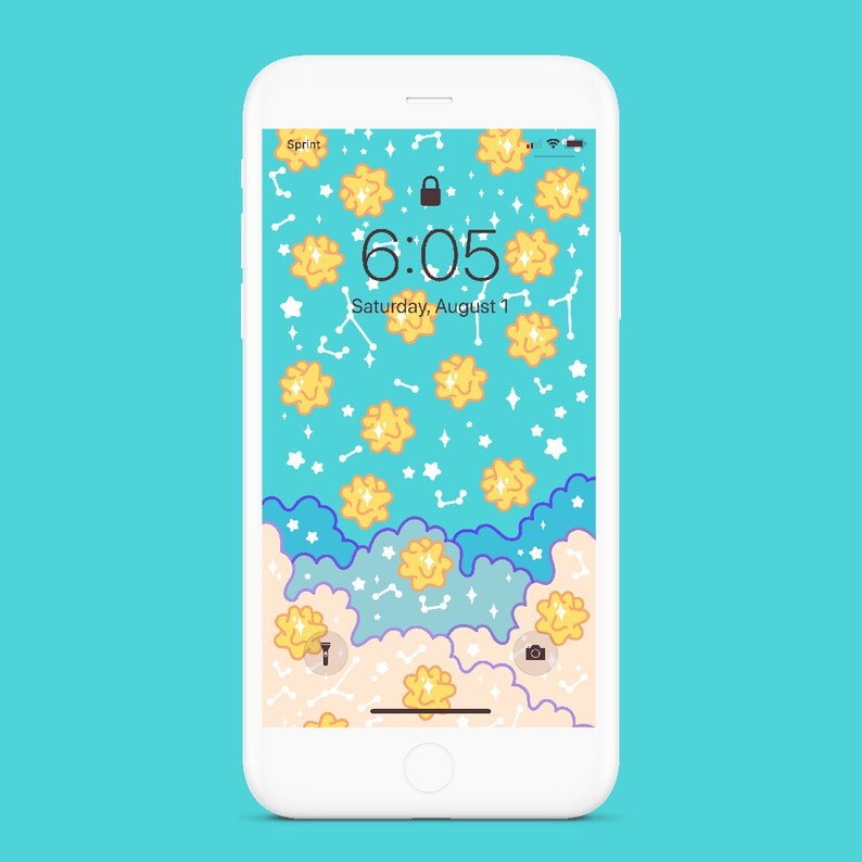 May include: A white smartphone with a blue and white background. The screen displays a digital clock showing 6:05 and the date Saturday, August 1. The background features a pattern of yellow stars and white clouds.