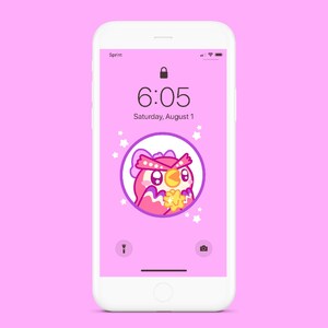 May include: A pink phone screen with a lock icon and the time 6:05. The date is Saturday, August 1. A cartoon owl with pink feathers and a yellow star is in the center of the screen.