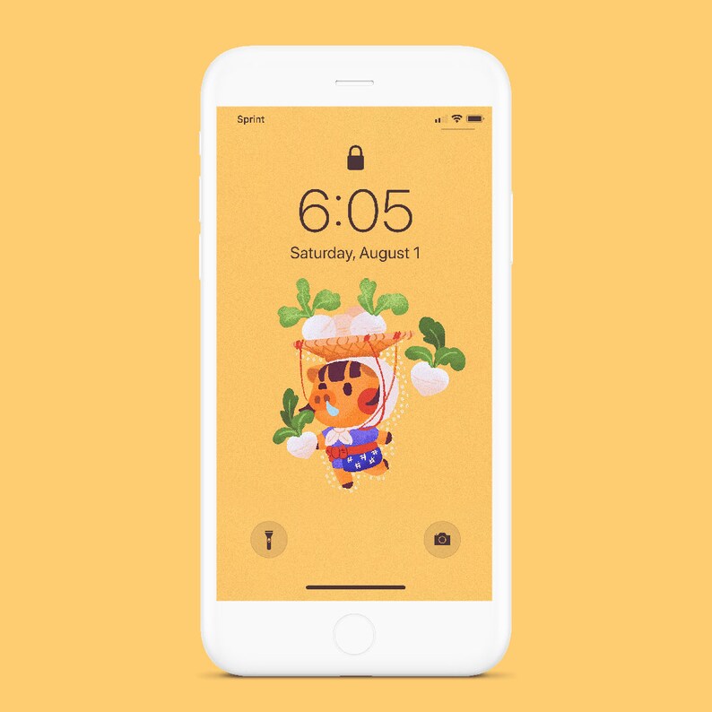 May include: A white iPhone with a lock screen showing the time 6:05 and the date Saturday, August 1. The background is a yellow-orange color with a cartoon illustration of a character carrying a basket of white radishes.