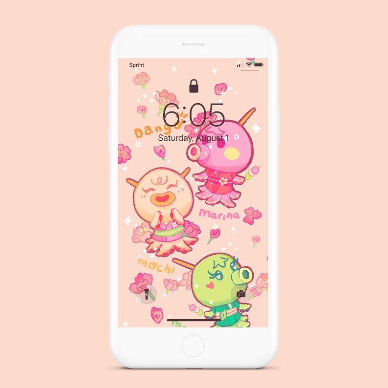 May include: A pink, white, and green phone wallpaper with three cartoon animal characters. The characters are wearing traditional Japanese clothing and are surrounded by pink cherry blossoms. The phone screen displays the time 6:05 and the date Saturday, August 1.