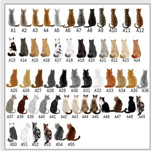 May include: A grid of 55 cat illustrations, each with a unique coat pattern and color. The cats are arranged in rows and columns, labeled A1 through A55. The cats vary in shades of gray, brown, black, white, and orange.