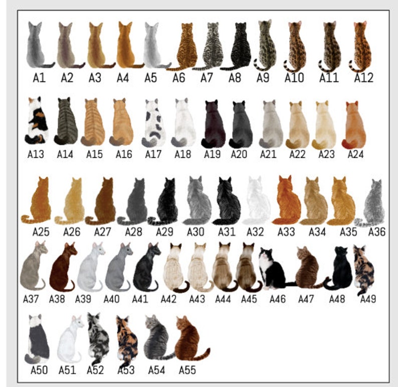 May include: A grid of 55 cat illustrations, each with a unique coat pattern and color. The cats are arranged in rows and columns, labeled A1 through A55. The cats vary in shades of gray, brown, black, white, and orange.