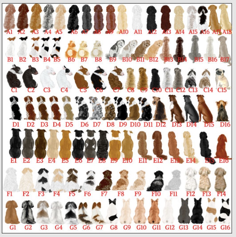 May include: A collection of dog illustrations, each with a unique coat pattern and color. The dogs are depicted in a standing pose, with a variety of breeds and sizes represented. The image is arranged in a grid format.