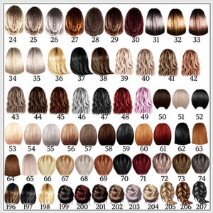 May include: A collection of 74 different hair color swatches, each with a unique number. The swatches range from blonde and brown to black and red, with various shades and styles. The image is a catalog of hair color options.