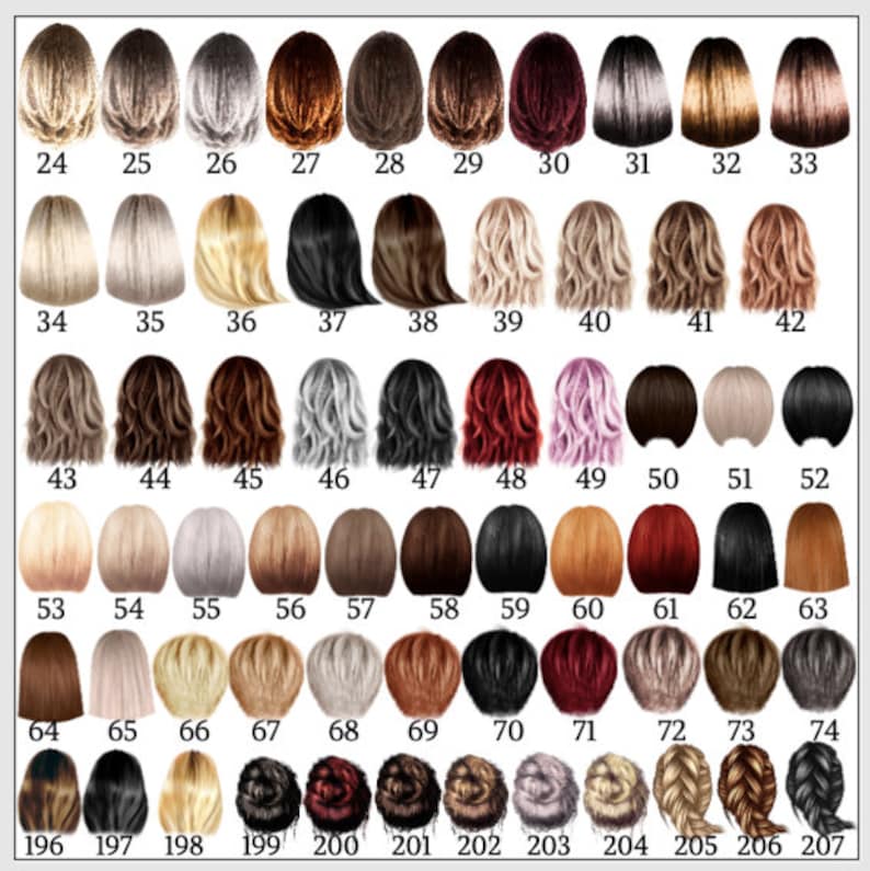May include: A collection of 74 different hair color swatches, each with a unique number. The swatches range from blonde and brown to black and red, with various shades and styles. The image is a catalog of hair color options.