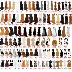 May include: A collection of dog illustrations in various breeds and colors, arranged in rows and columns. Each dog is depicted in a seated position, with a unique coat pattern and color. The image includes labels such as U1, U2, M1, M2, etc.