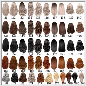 May include: A collection of illustrated hairstyles, each with a unique color and style. The image features various hair colors, including blonde, brown, black, and red, with styles ranging from curly to straight and braided. Each style is numbered.
