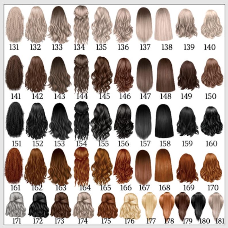May include: A collection of illustrated hairstyles, each with a unique color and style. The image features various hair colors, including blonde, brown, black, and red, with styles ranging from curly to straight and braided. Each style is numbered.