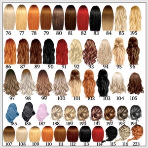 May include: A collection of illustrations showcasing various hairstyles and hair colors. The image features a range of shades, including blonde, brown, red, and black, with each style labeled with a number. The styles include long, wavy, and up-do options.