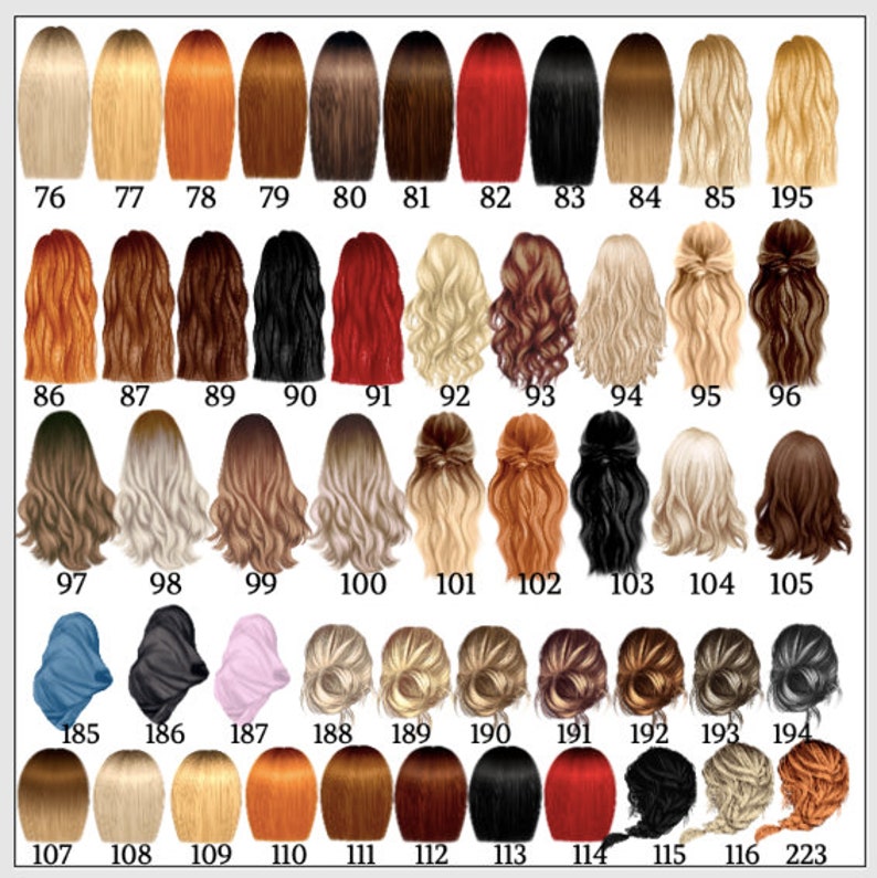 May include: A collection of illustrations showcasing various hairstyles and hair colors. The image features a range of shades, including blonde, brown, red, and black, with each style labeled with a number. The styles include long, wavy, and up-do options.