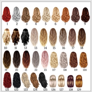 May include: A collection of 29 illustrations of various hairstyles and hair colors, numbered from 1 to 129. The styles range from wavy to straight, with colors including red, blonde, brown, and black. Ideal for personalized design.