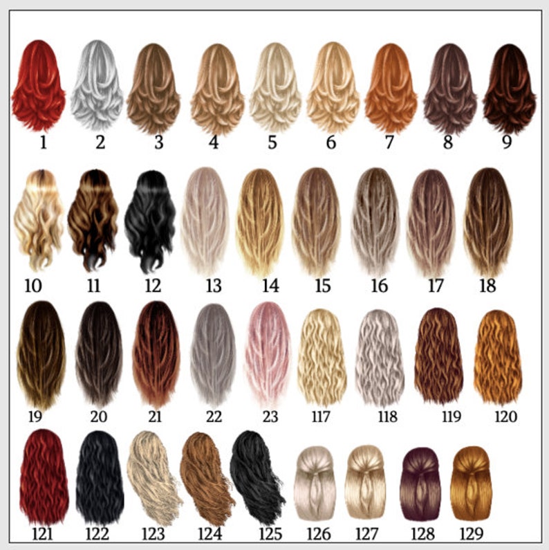 May include: A collection of 29 illustrations of various hairstyles and hair colors, numbered from 1 to 129. The styles range from wavy to straight, with colors including red, blonde, brown, and black. Ideal for personalized design.