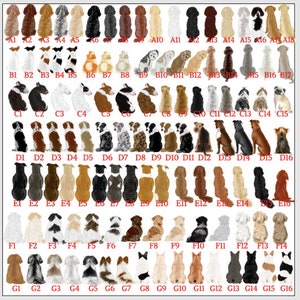 May include: A collection of dog illustrations, each with a unique coat pattern and color. The dogs are depicted in a standing pose, with a variety of breeds and sizes represented. The image is arranged in a grid format.