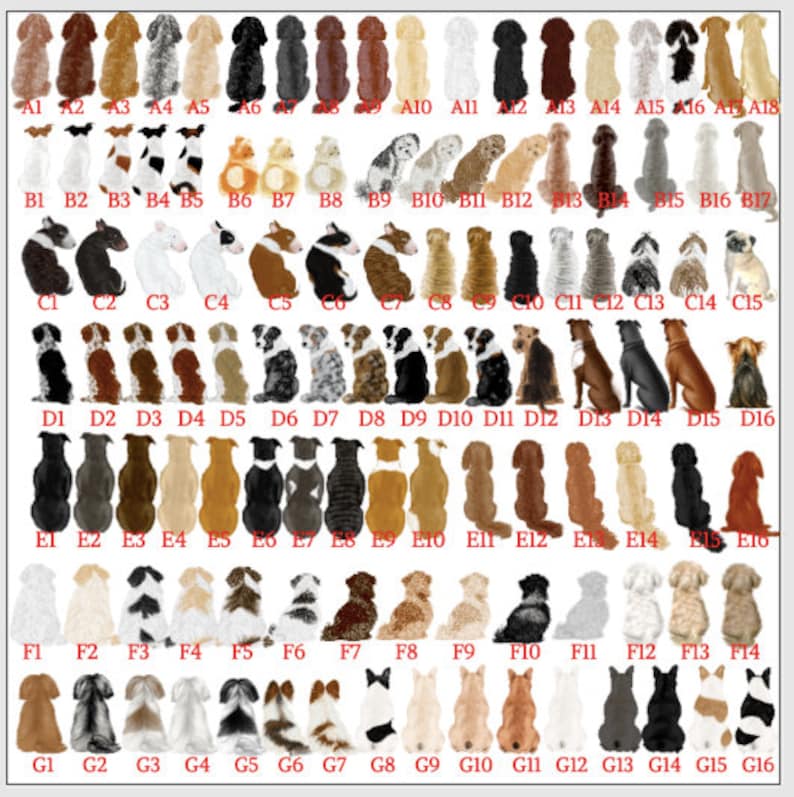 May include: A collection of dog illustrations, each with a unique coat pattern and color. The dogs are depicted in a standing pose, with a variety of breeds and sizes represented. The image is arranged in a grid format.