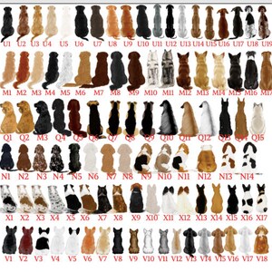 May include: A collection of dog illustrations in various breeds and colors, arranged in rows and columns. Each dog is depicted in a seated position, with a unique coat pattern and color scheme. The image includes labels such as U1, U2, M1, M2, etc.