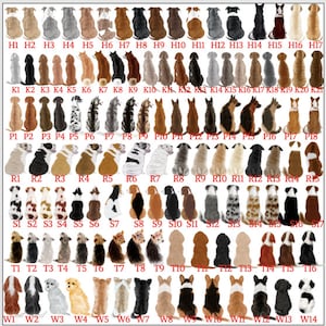 May include: A collection of dog illustrations, each with a unique coat color and pattern. The dogs are arranged in rows and columns, labeled with alphanumeric codes. Breeds vary, including breeds like German Shepherds and Poodles.