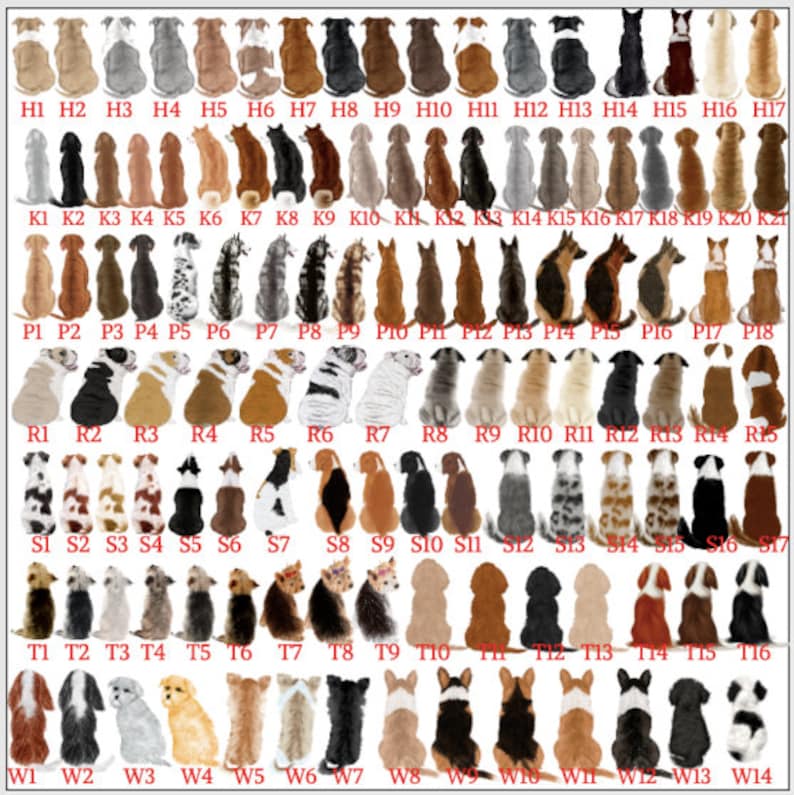 May include: A collection of dog illustrations, each with a unique coat color and pattern. The dogs are arranged in rows and columns, labeled with alphanumeric codes. Breeds vary, including breeds like German Shepherds and Poodles.