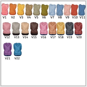 May include: A collection of 22 tops in various colors, including pink, orange, yellow, brown, green, blue, and red. The tops are displayed in rows, with each top labeled with a "V" followed by a number, such as V1, V2, and V3.