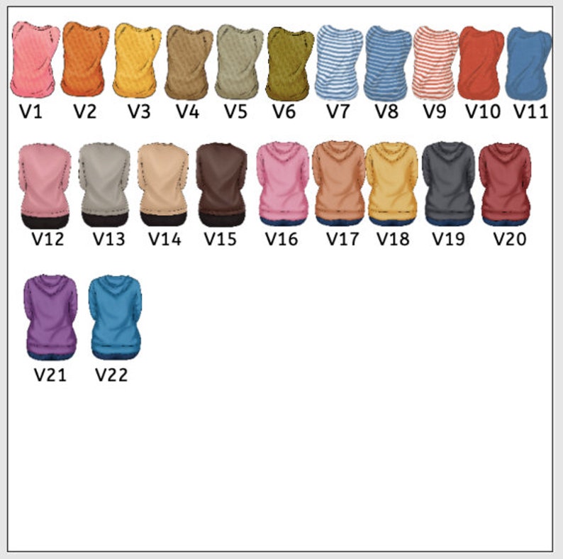 May include: A collection of 22 tops in various colors, including pink, orange, yellow, brown, green, blue, and red. The tops are displayed in rows, with each top labeled with a "V" followed by a number, such as V1, V2, and V3.