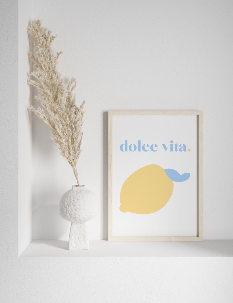 Cartel de impresión de arte Dolce Vita / Arte de pared / Ilustración minimalista / Impresión de limón azul cielo / Colores pastel / Home Deco / Arte de limón / Italia imagen 8