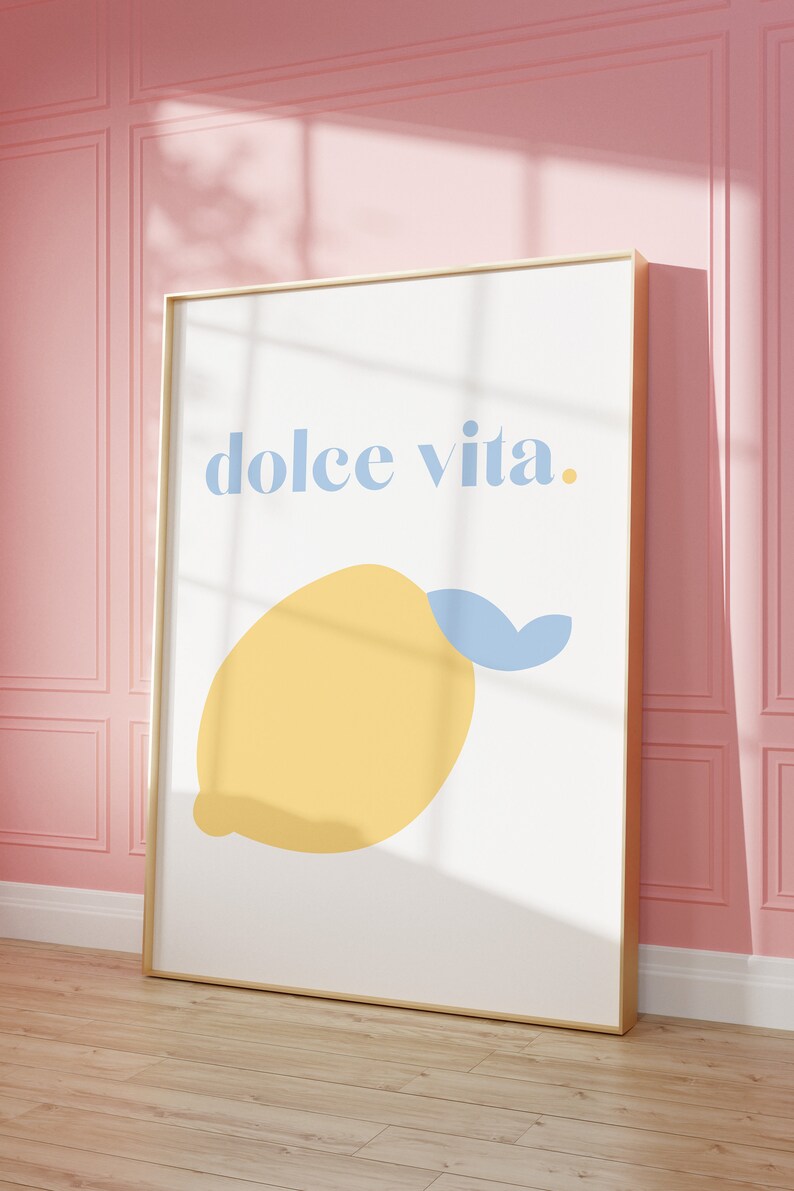 Cartel de impresión de arte Dolce Vita / Arte de pared / Ilustración minimalista / Impresión de limón azul cielo / Colores pastel / Home Deco / Arte de limón / Italia imagen 3